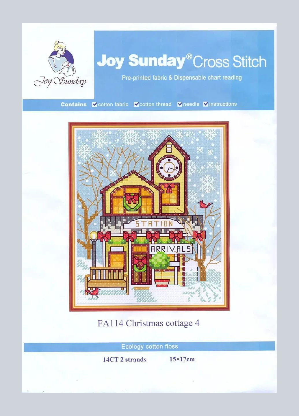 Набор для вышивания крестиком по нанесённой на канву схеме "Cristmas cottage 4". AIDA 14CT printed, 15*17 см Joy Sunday (313614390)