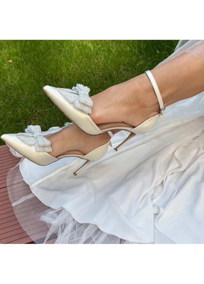 No Brand Женские туфли свадебные атласные и ремешком жемчуг и брошью 7,5 см. белый з текстиль, — (351394323)