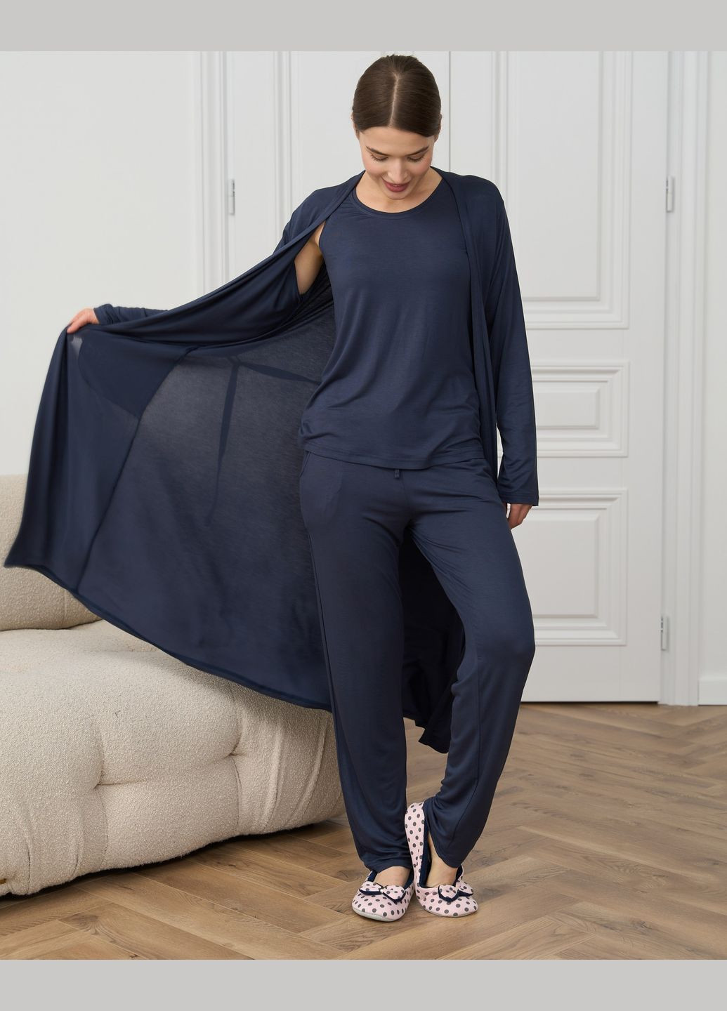 Темно-синя комплект-трійка однотонна майка, штани та халат Nicoletta