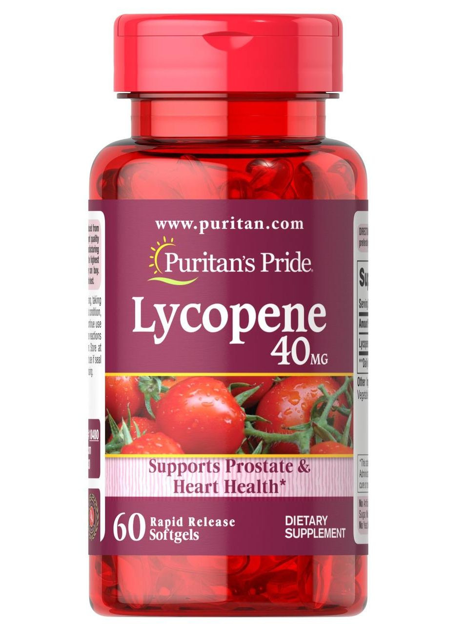 Лікопін, Lycopene,, 40 мг, 60 гелевих капсул Puritans Pride (366547731)