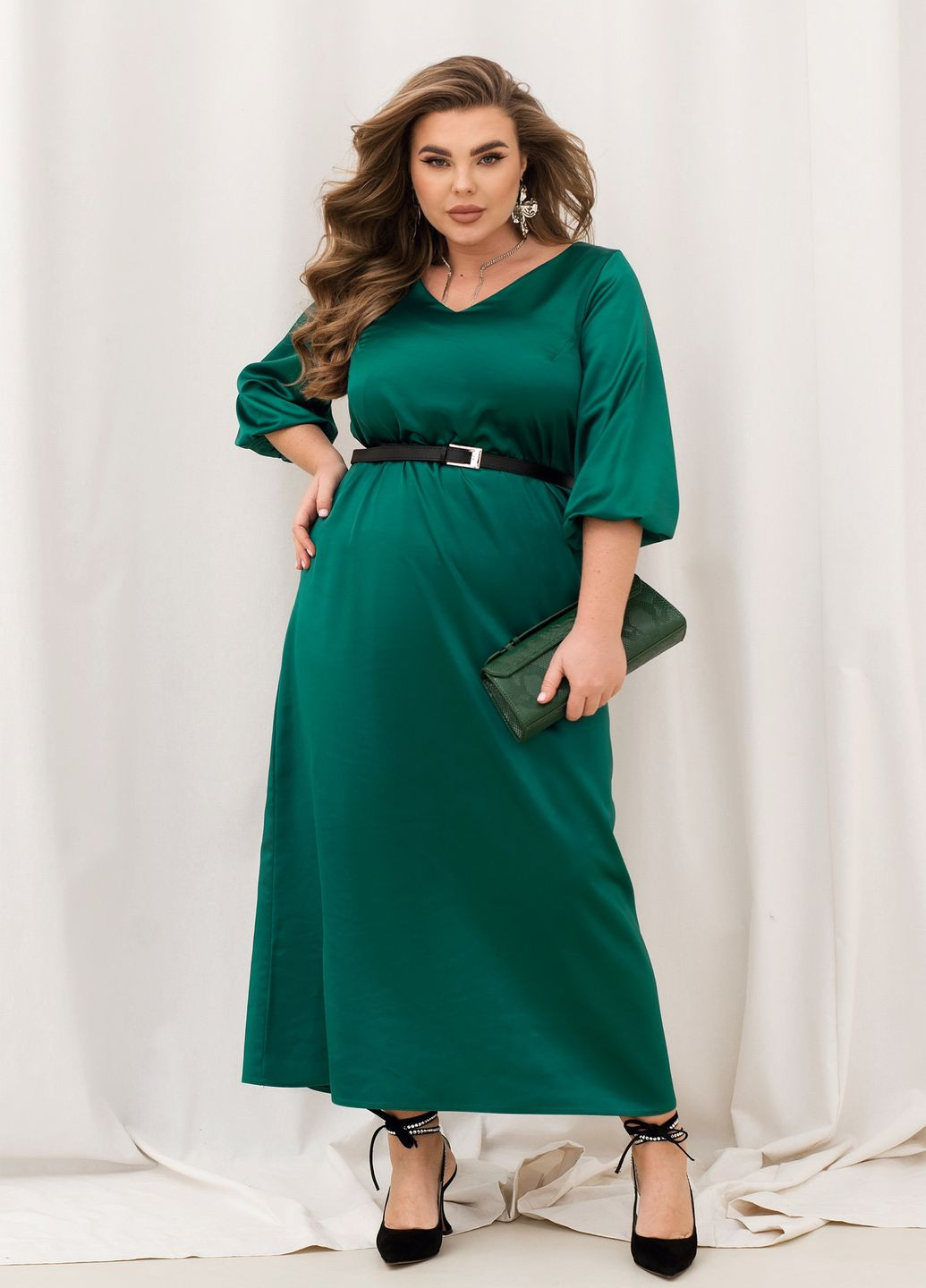 Зелена святковий, вечірня шовкова вечірня сукня дзвін, а-силует No Brand однотонна