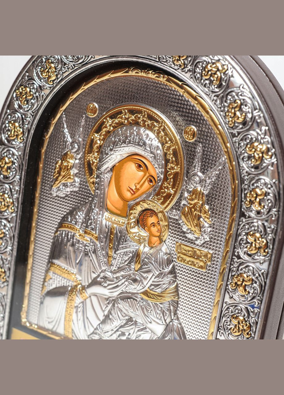 Страсна Божа Матір 21х26 см срібна ікона з позолотою під склом, обгорнута в шкіру (Греція) Silver Axion (266266158)