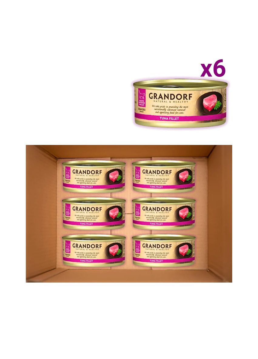 Упаковка влажного корма для кошек Филе тунца для взрослых коте всех пород 70 г х 6 шт Grandorf (355801334)