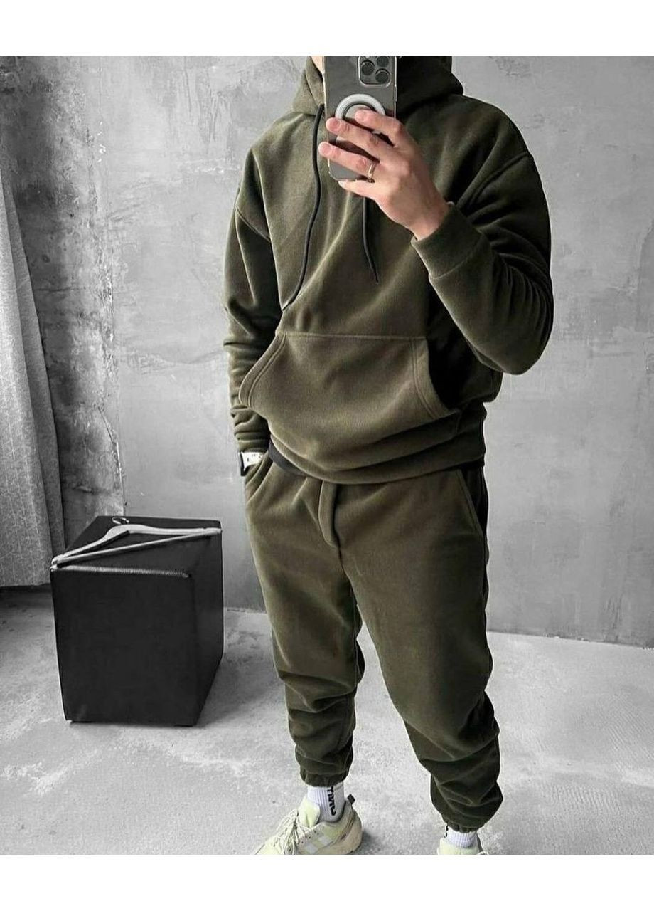 Оливковый (хаки) зимний костюм 387 двухсторонний флис полар,худи с капюшоном и карман кенгуру и брюки Україна