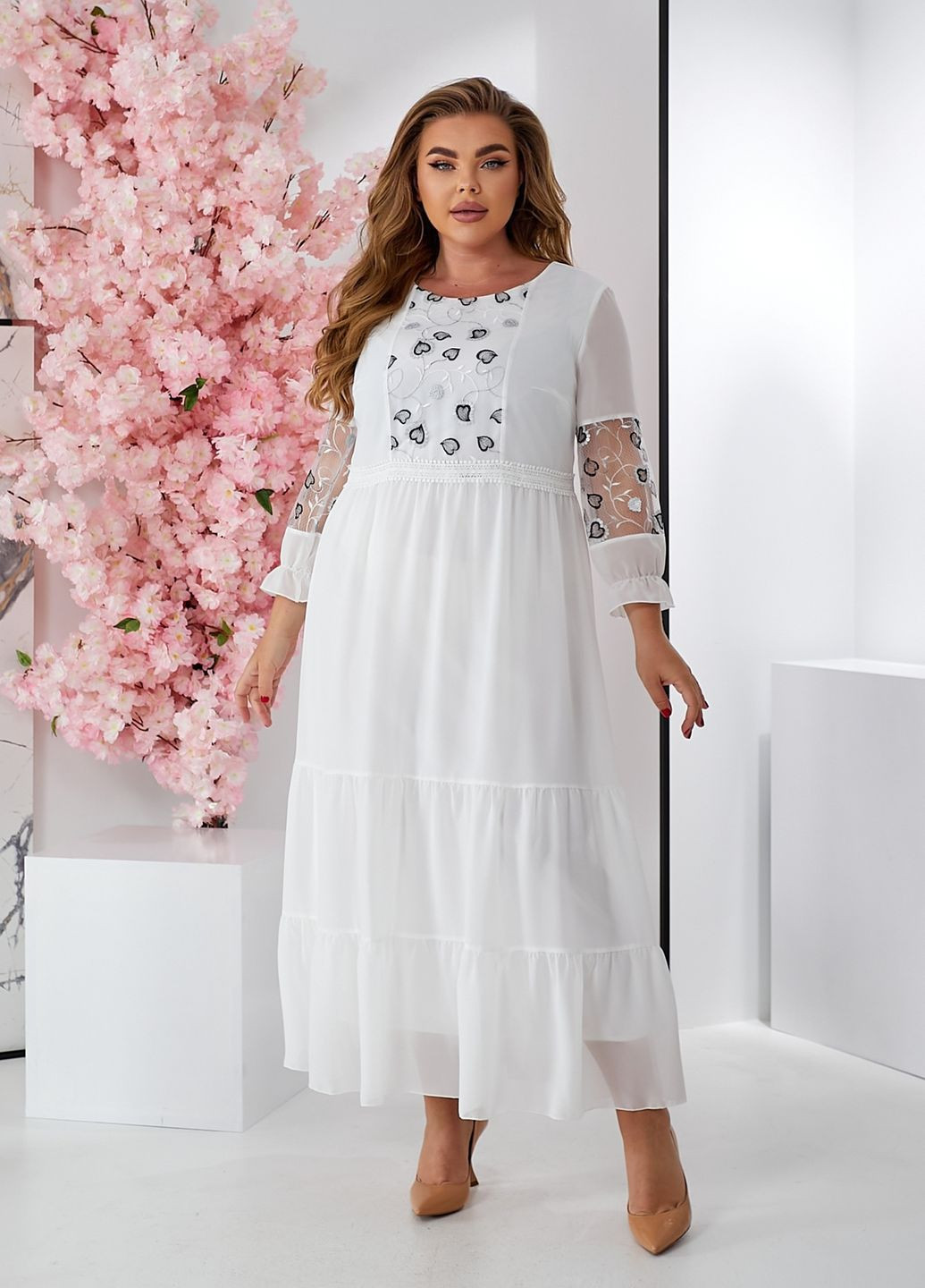 Белое повседневный, праздничный, вечернее платье летнее а-силуэта с длинным рукавом и сеточкой клеш, колокол, а-силуэт No Brand однотонное