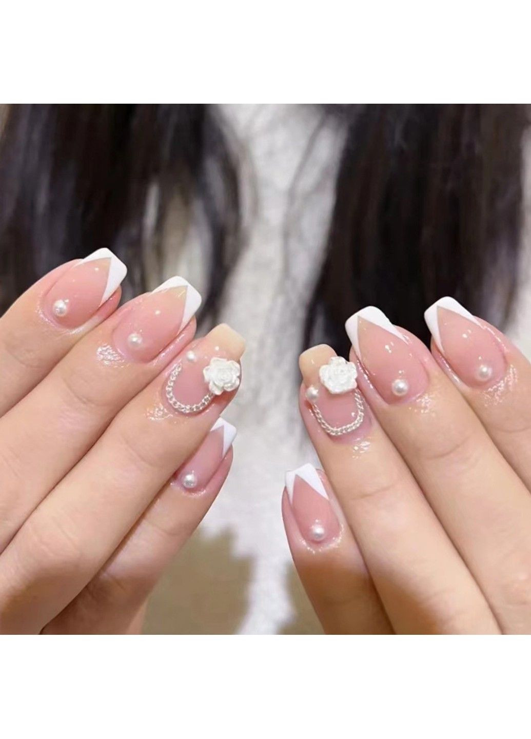 Набор накладных ногтей с жемчужным декором и белым френчем Z476 Розовый 24 шт (A9751) Nails (308864025)