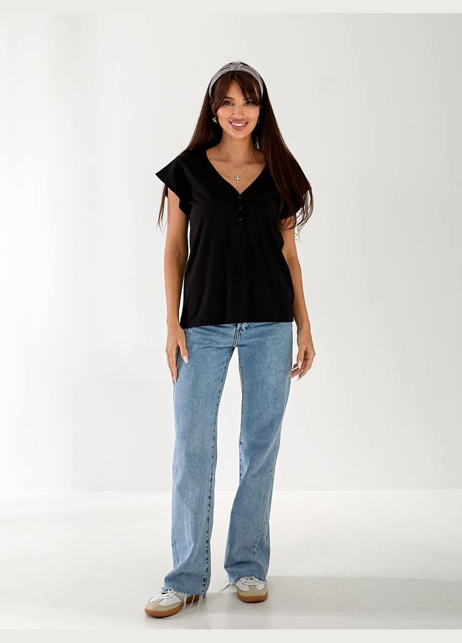 Женская футболка с вырезом черного цвета 33469 Fashion - (335213370)