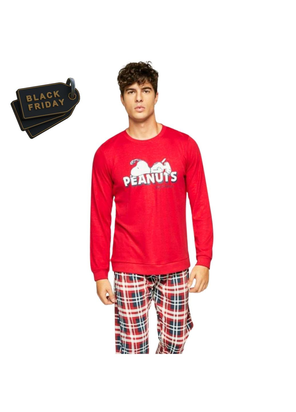 Красная пижама мужская футболка с длинным рукавом на манжетах и брюки s красный в клетку с принтом snoopy peanuts 2-1855 Gisela