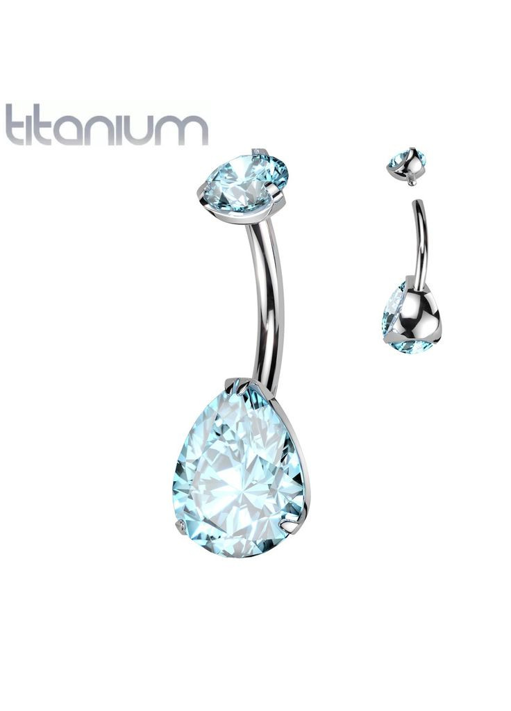 Титановая серьга-банан для пирсинга пупка T23N12-Q с фианитом в форме капли (Розовый; Штанга: 10 мм) Spikes (333342185)