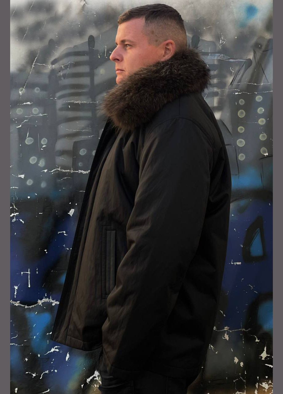 Чорна зимня куртка чоловіча напівбатальна єврозима з натуральним хутром чорного кольору Let's Shop