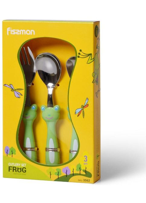 Набір дитячих столових приладів Жаба 3 предмети для дітей вилка та ложки для годування Fissman (368977976)