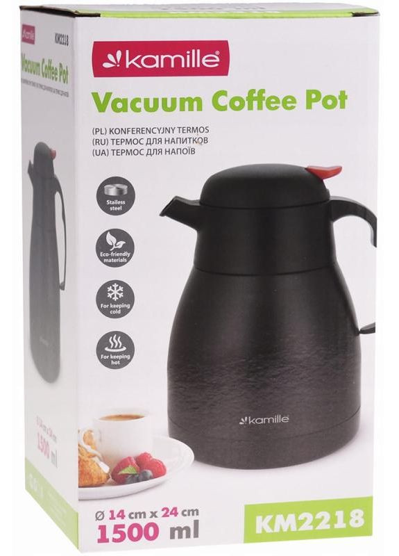 Термос-глечик 1500мл чорний з вакуумною сталевою колбою для гарячих та холодних напоїв термоглечик Kamille (368979054)