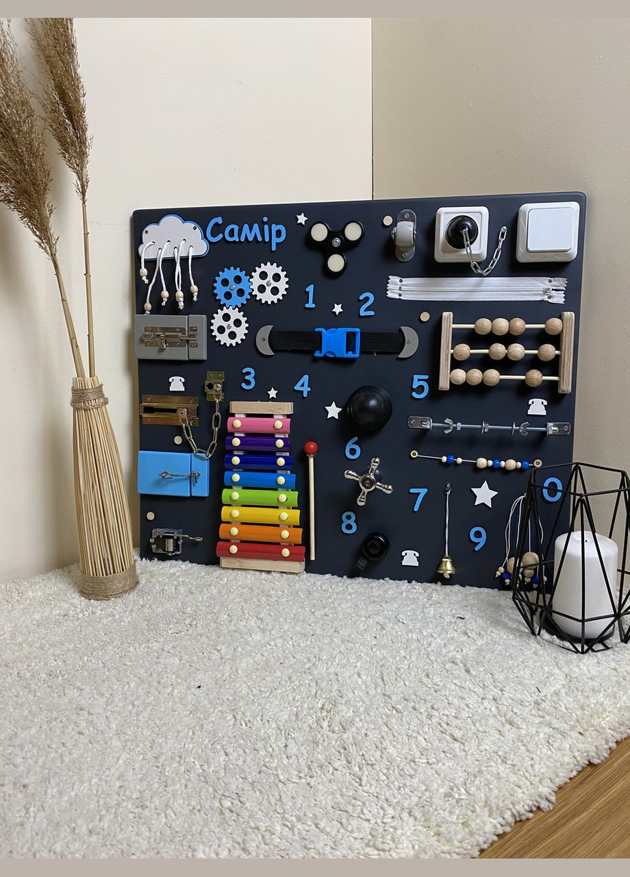 Стильний яскравий бізіборд дерев'яна розвиваюча іграшка 50х60 см No Brand (355890493)