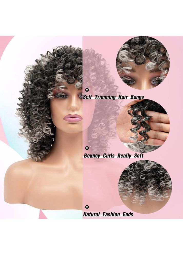 Перука кучерява афро сіра сива омбре з чубчиком, жіноча коротка синтетична термостійка, хвилясте волосся для Гелловіну No Brand (353746172)