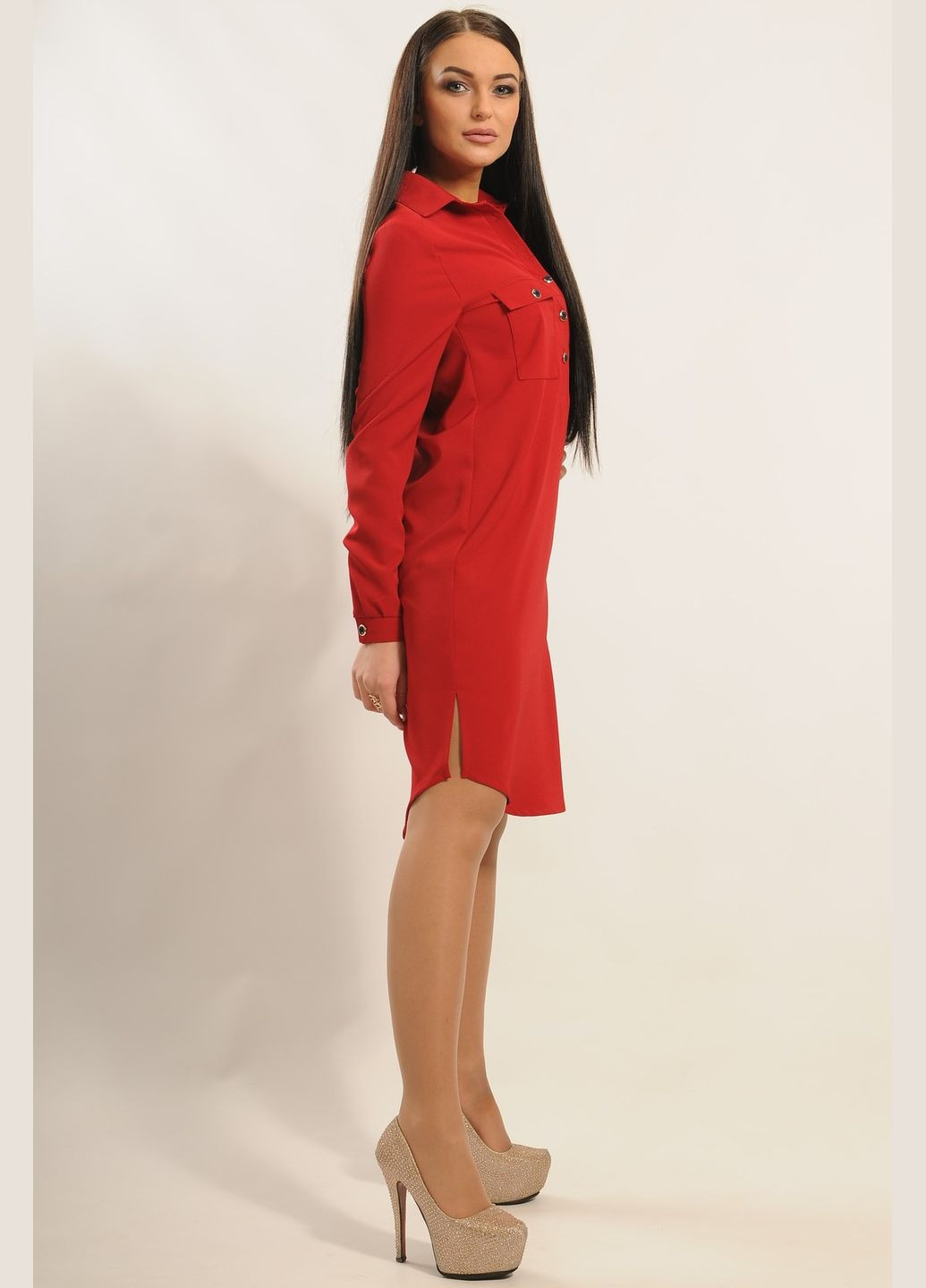Красное повседневный платье-рубашка с воротником-стойкой и фигурным низом с разрезами (вл 5.1-44/16) RiMari