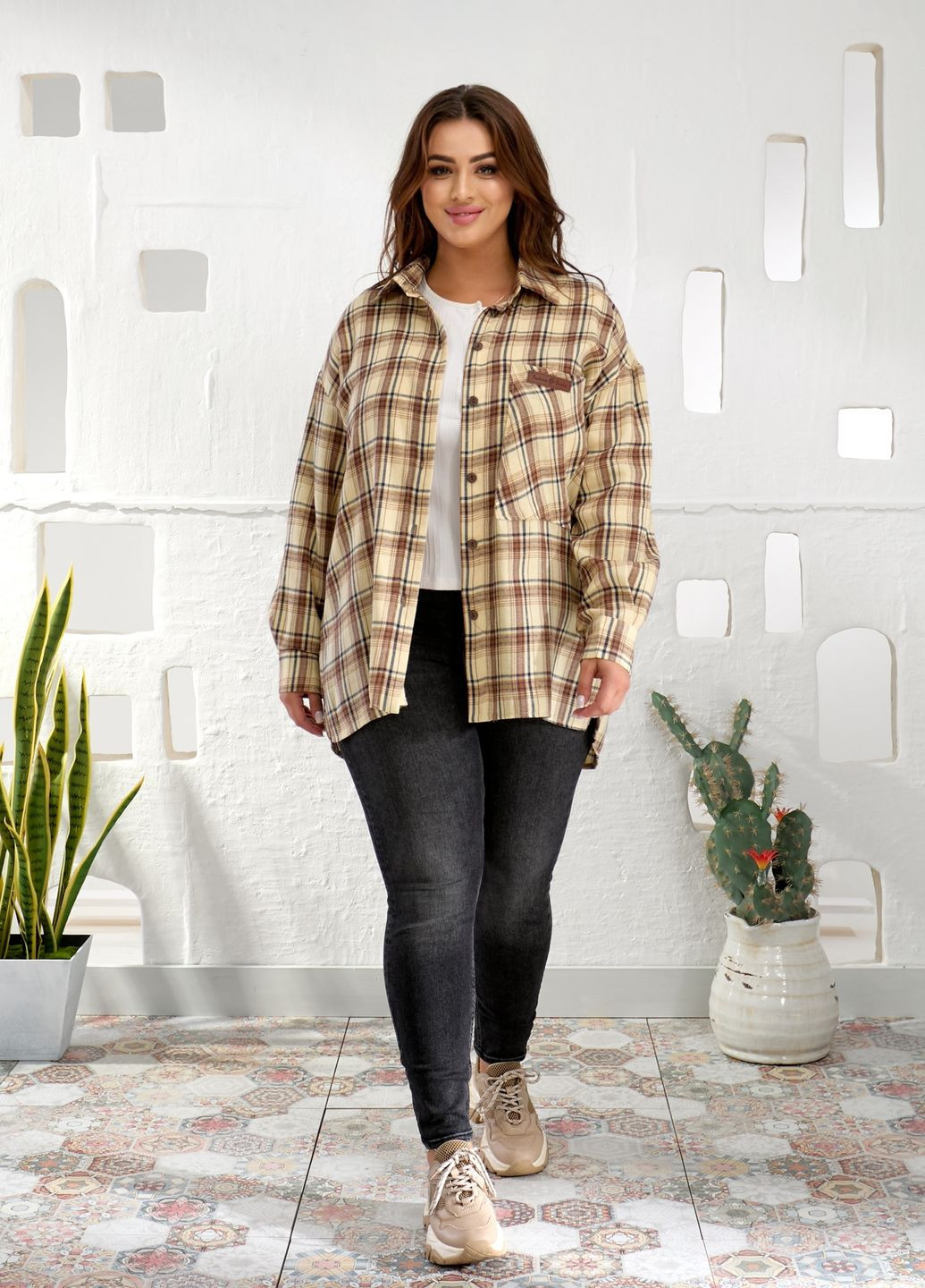 Бежевая повседневный, кэжуал рубашка в клетку No Brand с длинным рукавом