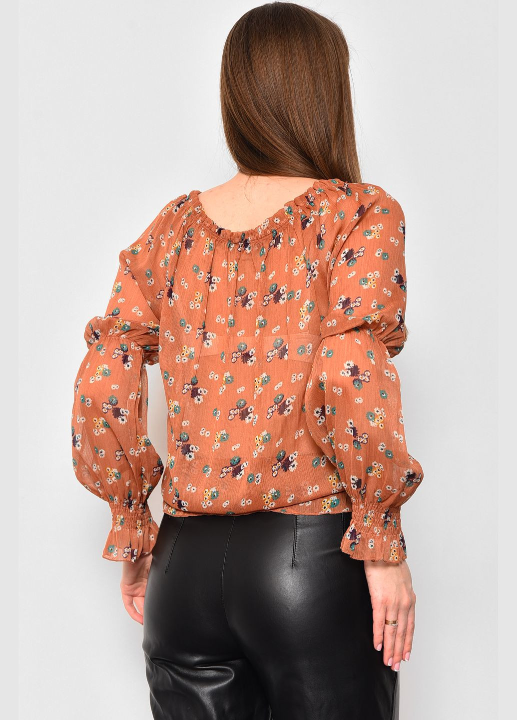 Коричнева демісезонна блуза жіноча з принтом коричневого кольору з баскою Let's Shop