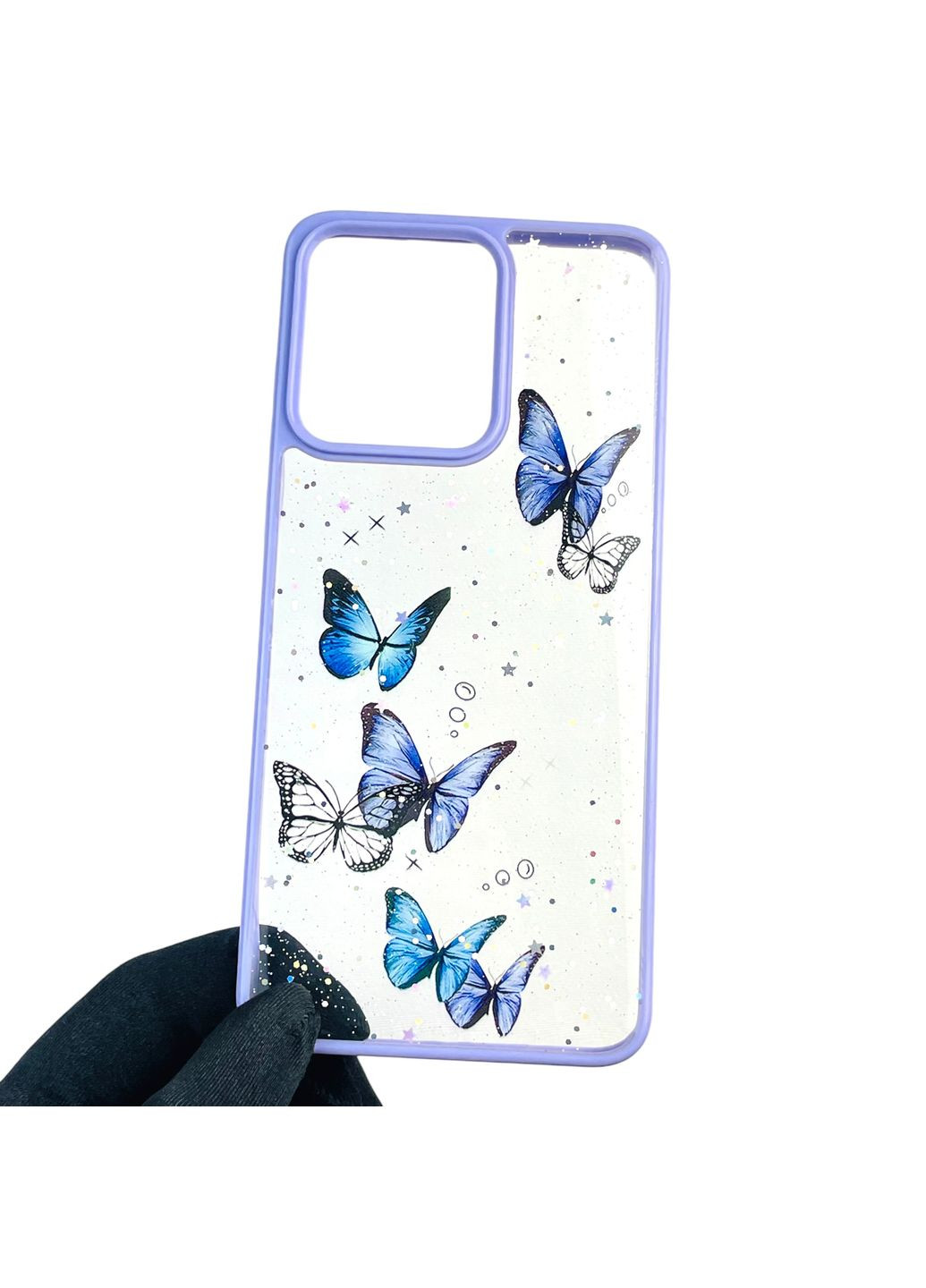 Чохол для Moto G84 (PAYM0011RS) з блискітками з метеликами на моторола г84 бузковий Motorola (366389588)
