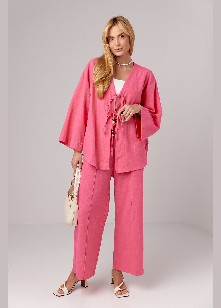 Льняной костюм с прямыми штанами и рубашкой на завязках Lurex (296471264)