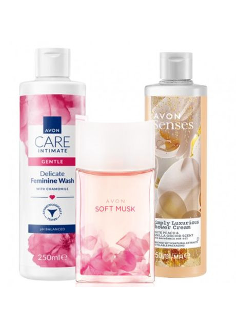Набір для Неї “Легка чарівність” (Туалетна вода Soft Musk 50 мл + Інтимний гель 250 мл + Крем-гель для душу 250 мл) Avon (366342474)