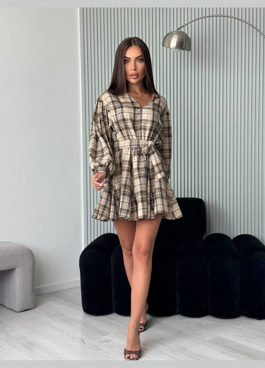 Бежевое повседневный, кэжуал женское платье в клеточку а-силуэт Style Point в клетку