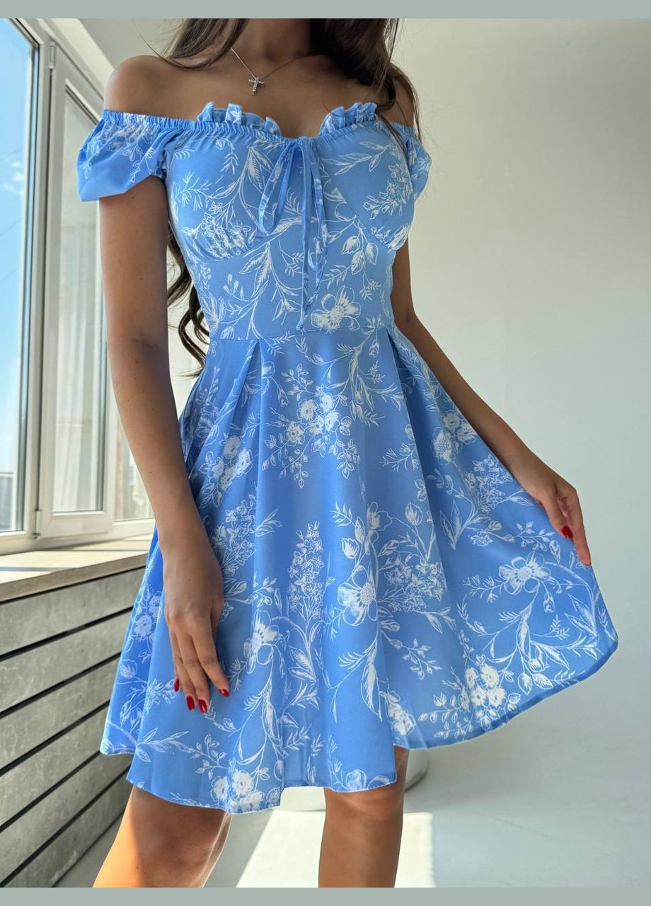 Блакитна святковий жіноча сукня а-силует FINO Mode з квітковим принтом