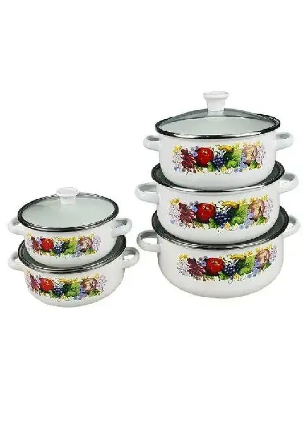 Набір комплект емальованого посуду каструль зі скляними кришками 5 штук з малюнком (476588-Prob) Білий Unbranded (285165372)