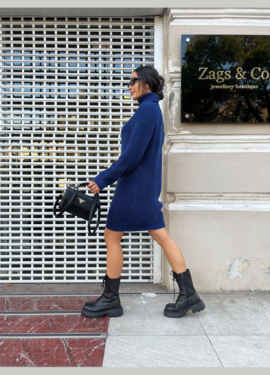 Синя в'язана сукня зі стійкою Fashion