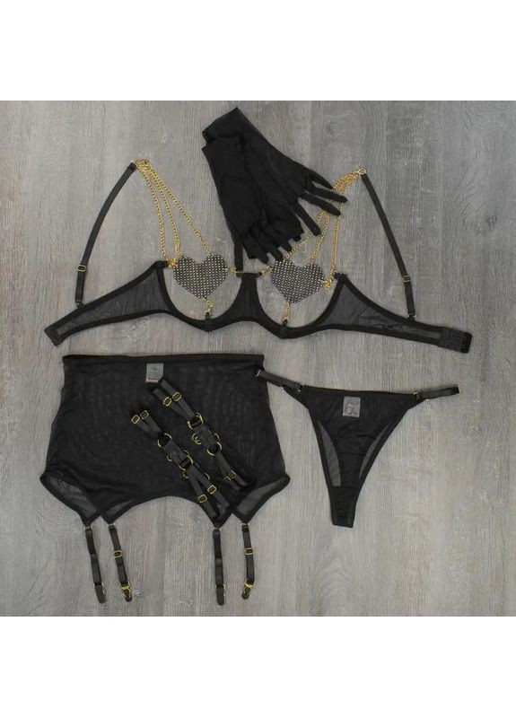 Чорний демісезонний сміливий комплект спідньої білизни з мікросітки – відкритий бюстгальтер, стрінги, пояс із гартерами та рукавички No Brand