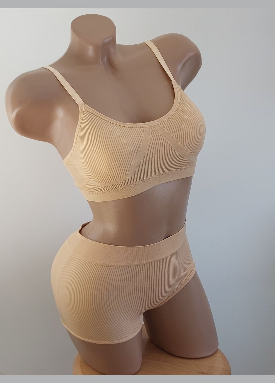 Бежевий демісезонний комплект білизни жіночий в рубчик топ бюстгальтер труси honey fashion accessories s/м бежево-фіолетовий (2-72) No Brand
