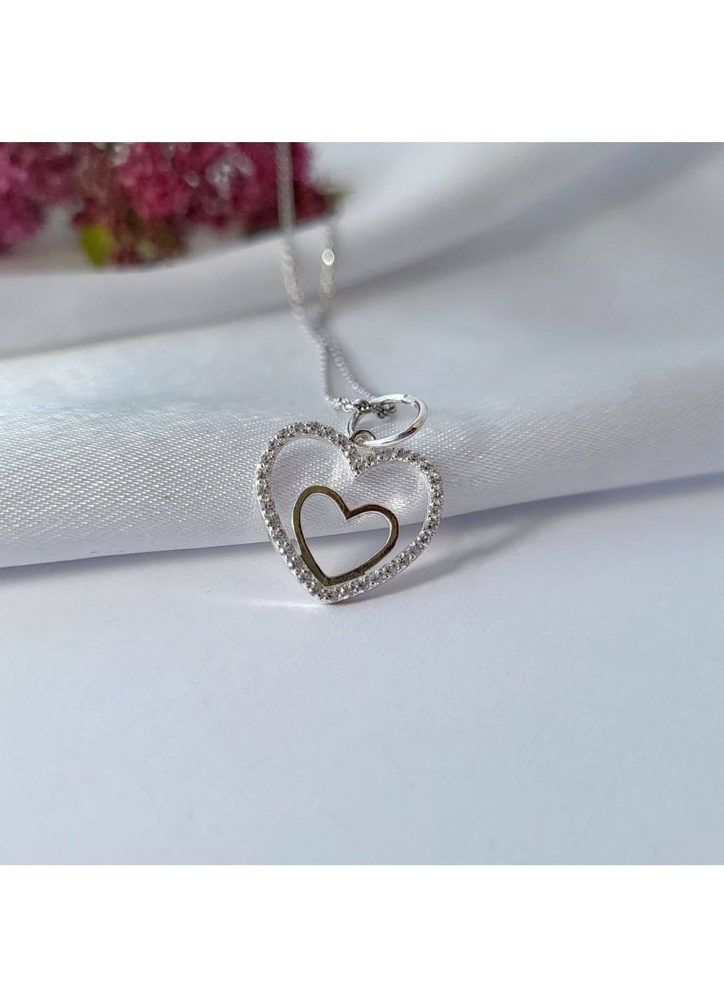 Серебряная подвеска кулон Сердце в Сердце в Белых Камнях серебро 925 пробы родированное 0351р 1.00г Nobrand (363969276)