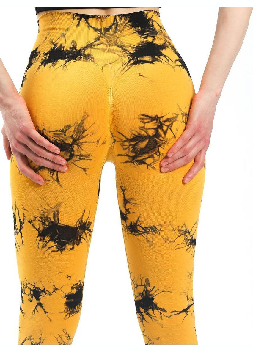 Комбинированные демисезонные леггинсы с мраморным принтом, горчичневого с черным цвета, размер l Trends