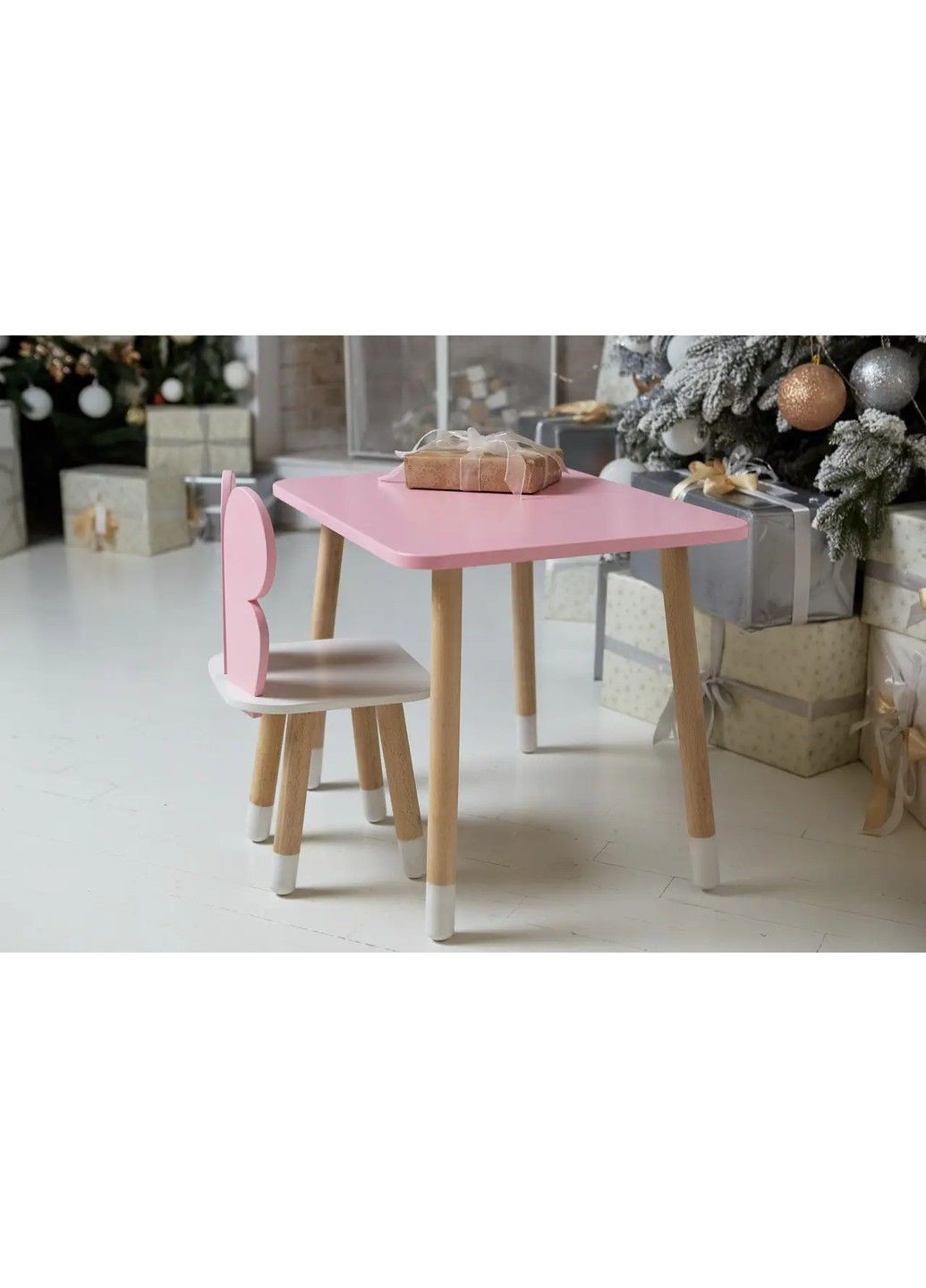 Дитячий прямокутний столик (Рожевий) та стільчик Метелик (Рожевий з білим) No Brand (331639533)
