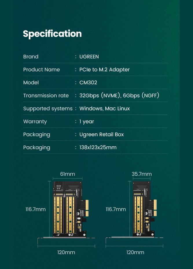 Переходник Адаптер PCI-E на SSD M.2 NVMe CM302 PCIе 3.0 для установки твердотельных накопителей (70503) Ugreen (305066349)
