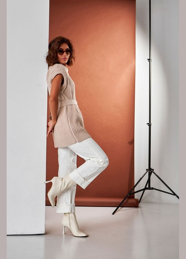 Бежевий демісезонний подовжений жилет з теплої пряжі (2448) Triko Bakh