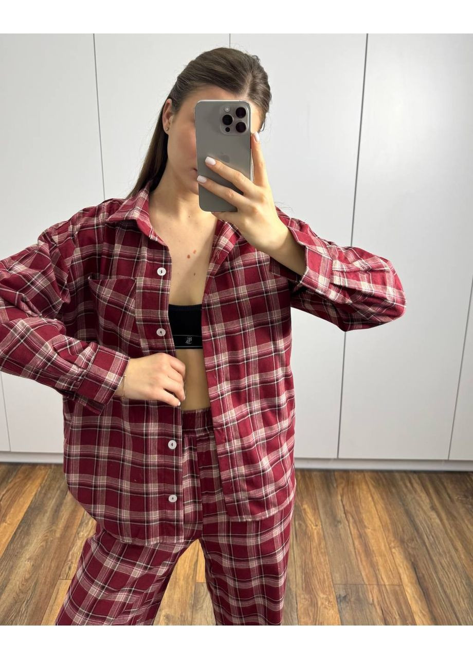 Бордова зимня піжама 806 фланель туреччина,клітинка,штани та сорочка Україна