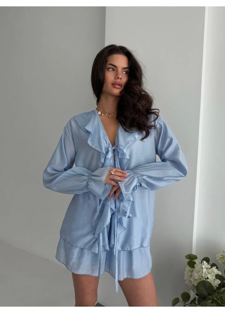 Костюм із легкого теслену. Блуза з рюшами, шорти. No Brand (393900966)