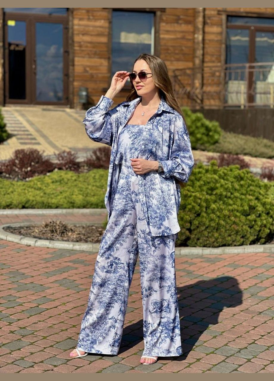 Женский костюм из шелка Диор рубашка и штаны Синий Maybel (326742008)