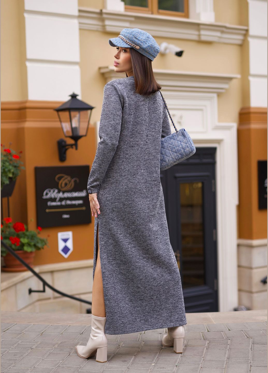 Сіра повсякденний, кежуал, джинсова трикотажна довга сукня сірого кольору із розрізами з боків INNOE