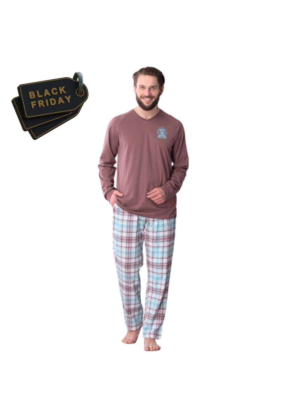 Піжама чоловіча прямі штани та кофта з довгими рукавами M Мокко з бірюзовим MNS 450 А21 Key (305574296)