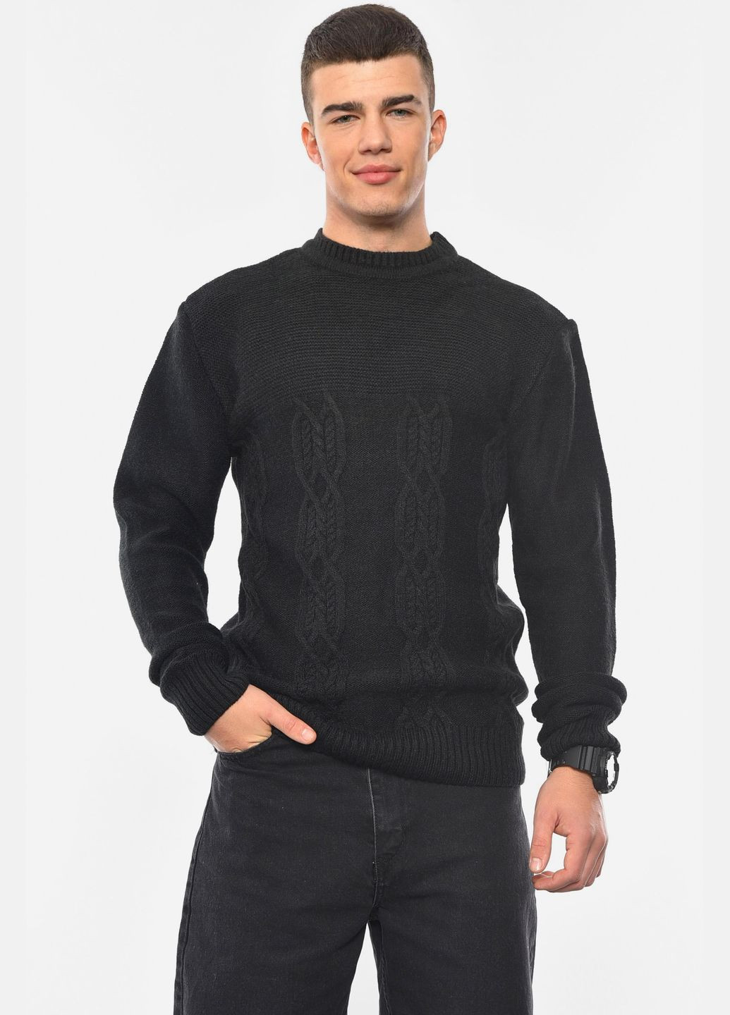 Чорний зимовий светр чоловічий однотонний чорного кольору пуловер Let's Shop