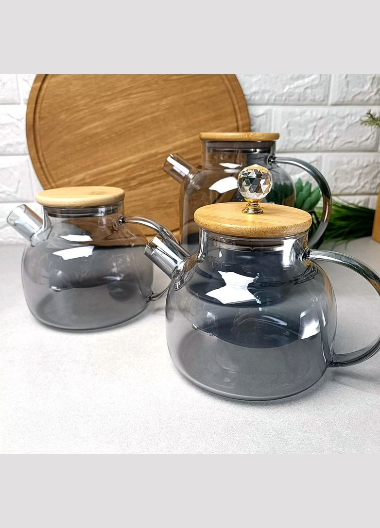 Термостійкий скляний чайник на плиту 1л Чорний перламутр Smokey Crystal Hell (303213303)