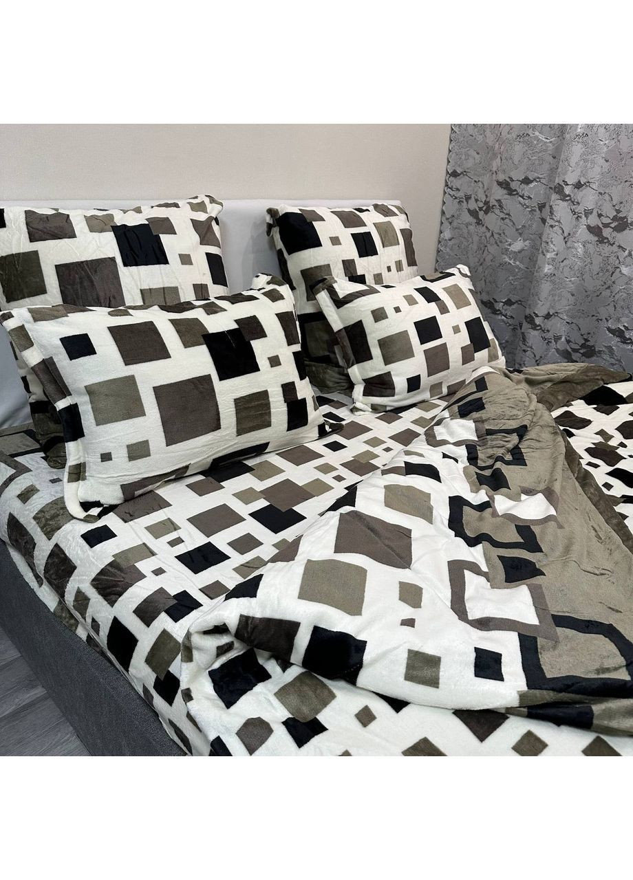 Комплект постельного белья велюр Евро пододеяльник 200×230 см + 4 наволочка молочно-оливкового цвета с рисунком No Brand (362211410)