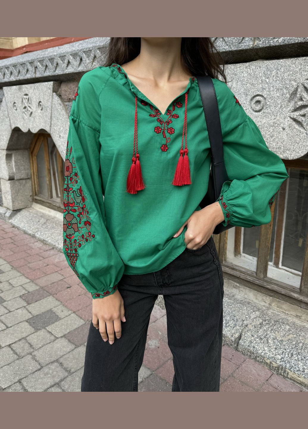 Зелёная вышиванка женская из хлопка BeART узор цветочный свободная хлопок (300660505)