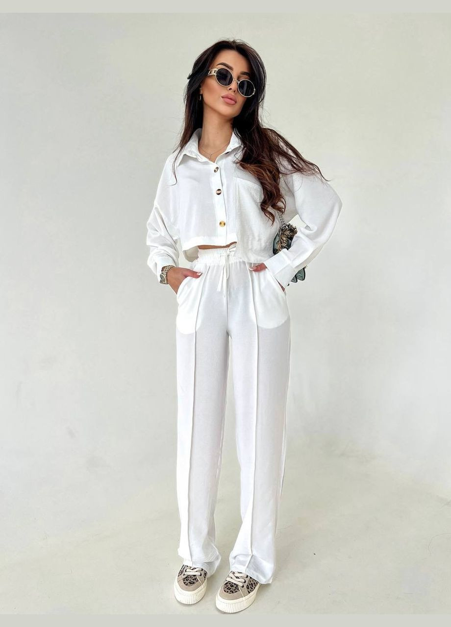 Яскравий літній костюм двійка з якісної тканини: креп-жатка (сорочка+штани клеш), стильний білий костюм 2-ка No Brand 254-5 (289361149)
