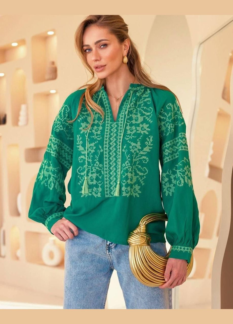 Жіноча вишиванка зелена, бавовняна блузка з вишивкою рукав ліхтарик S M L(42 44 46) No Brand (290282224)