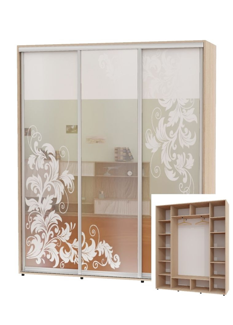 Шафа-купе тридверна 220*45*220 Дуб молочний Дзеркало з піскострумним малюнком ШК-05 Алекса (360479204)