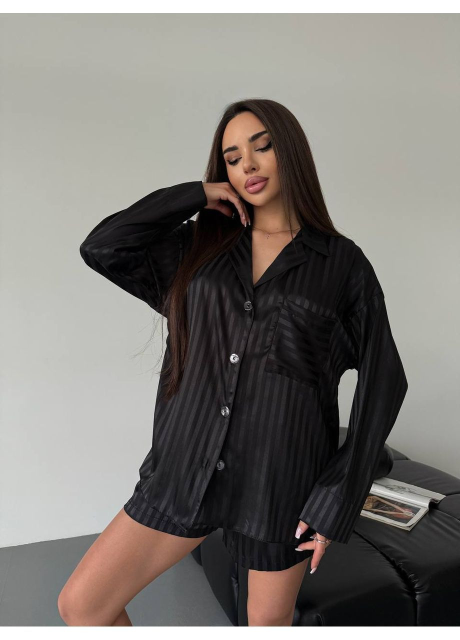 Черная всесезон женская шелковая пижама рубашка + шорты Asi.Store.ua