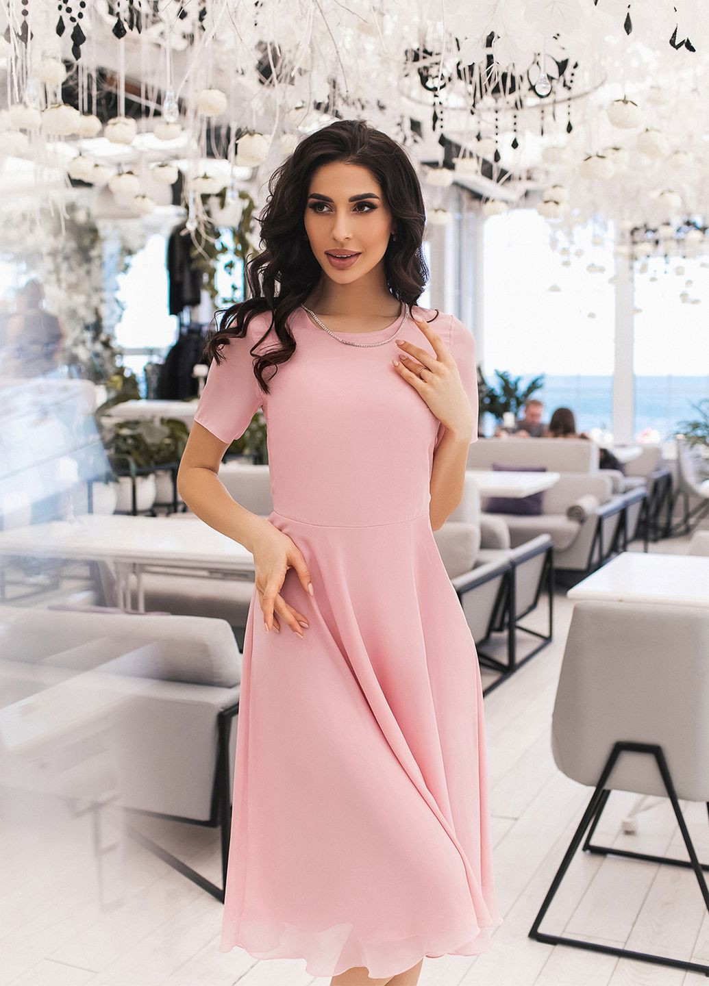 Пудровое вечернее, праздничный, коктейльное вечернее платье миди колокол No Brand однотонное