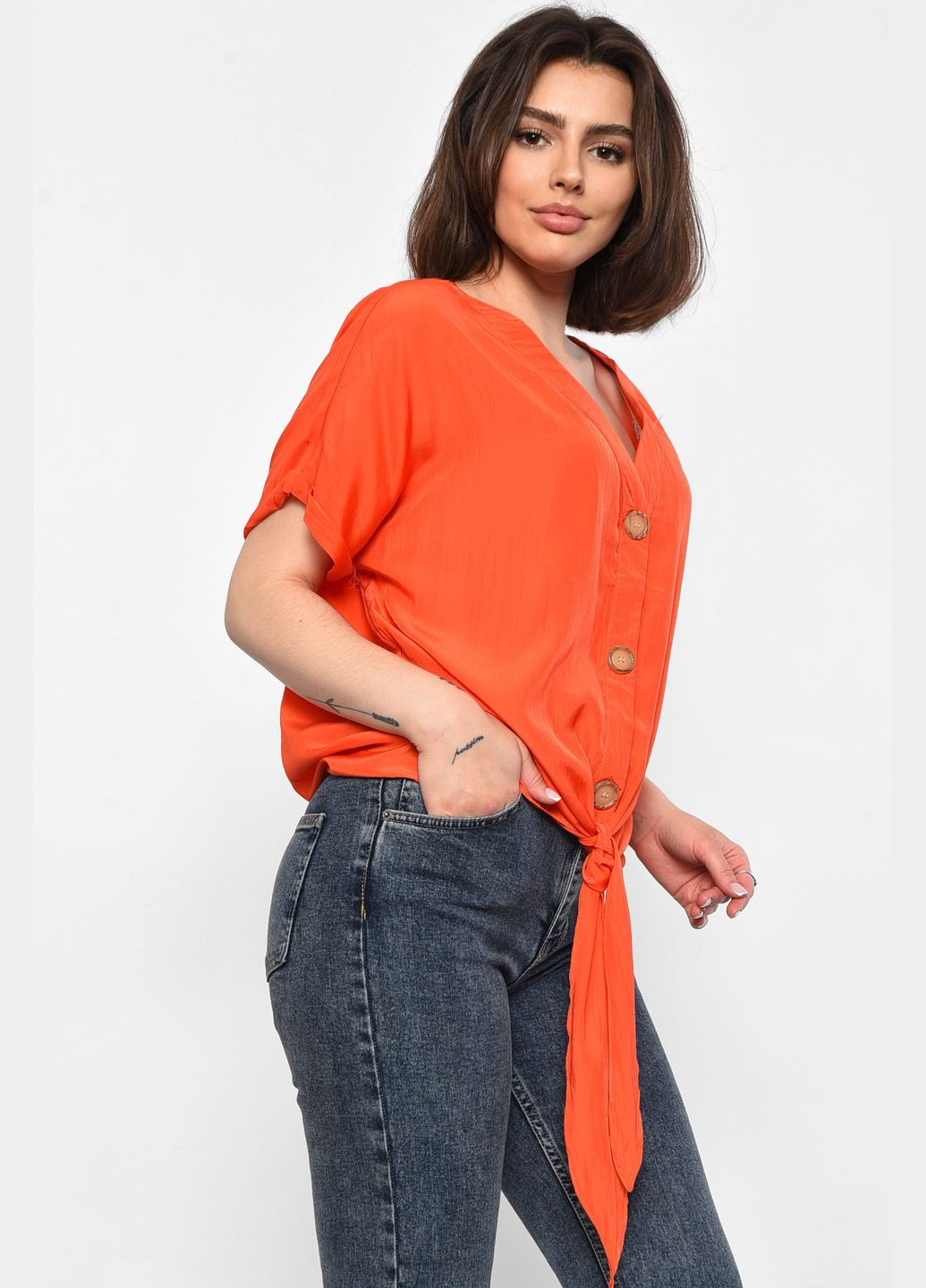 Помаранчева демісезонна блуза жіноча напівбатальна з коротким рукавом помаранчевого кольору з баскою Let's Shop